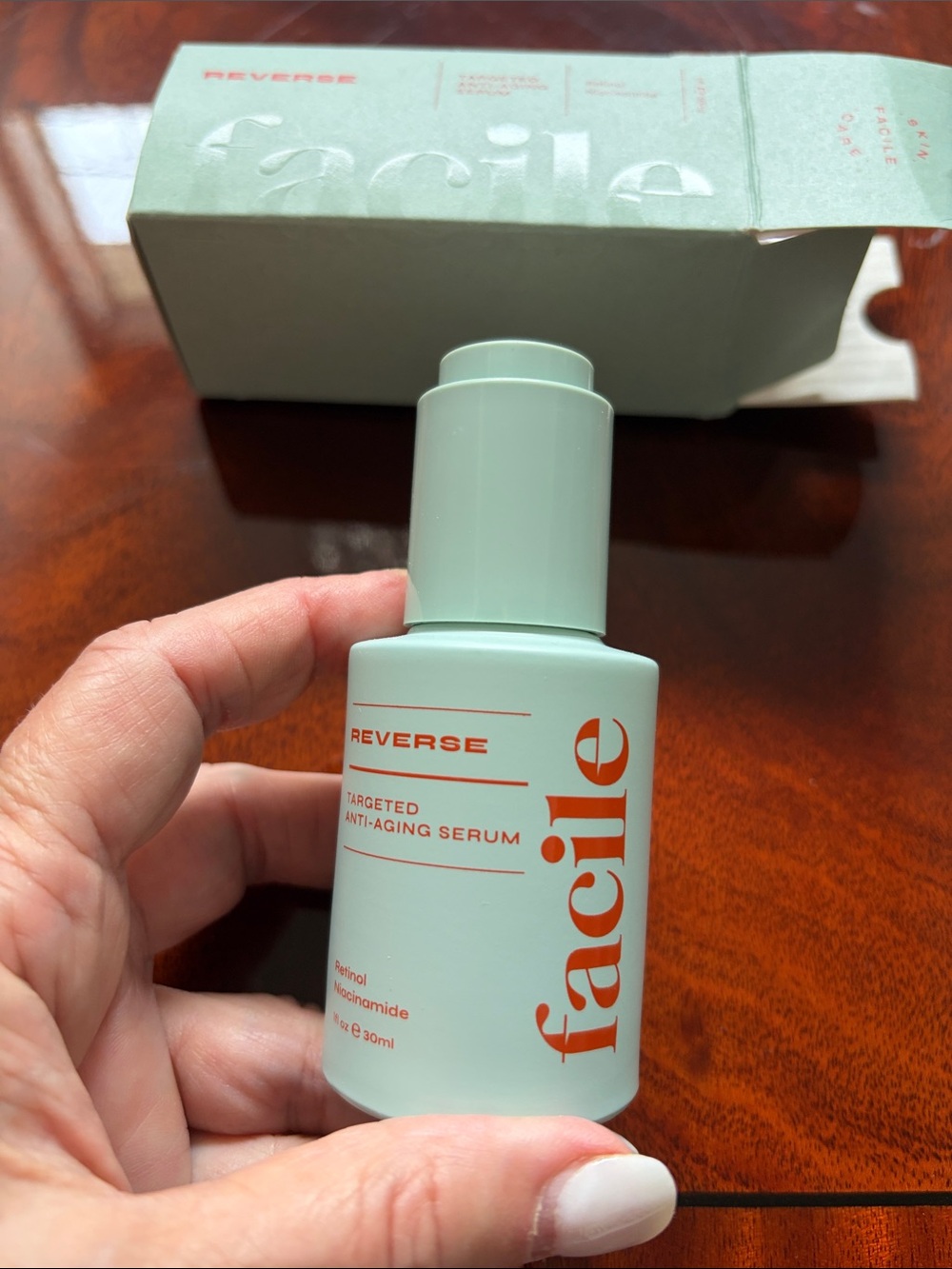 Reverse Facile Targeted Anti-Aging Serum — Mint Green with Coral Text